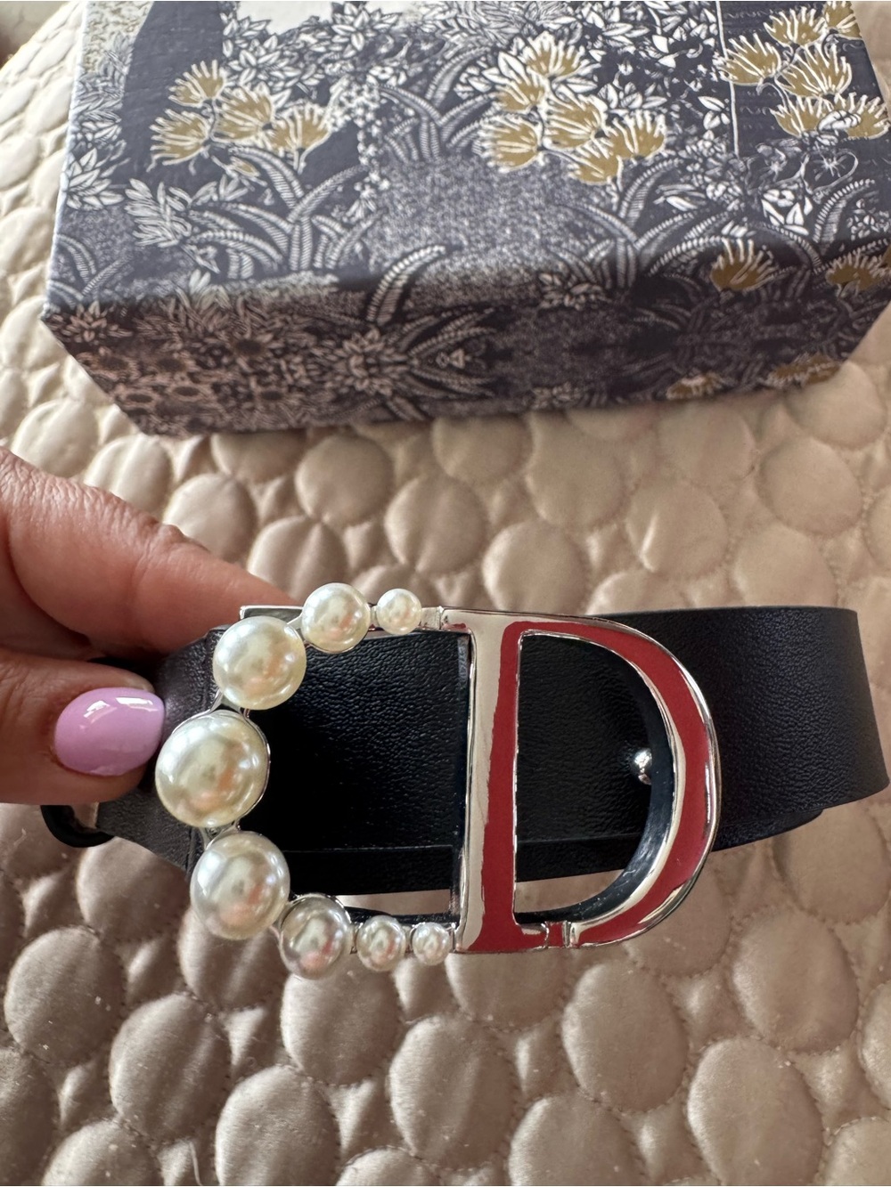 Women CD Pearl-Embellished-Silver Black Leather Belt with box Dior - Picture 6 of 11